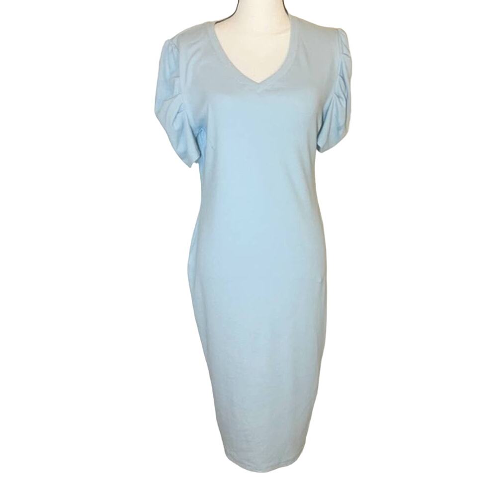 NWT Moyabo Light Blue Puff Sleeve Bodycon Midi Dress Size small
